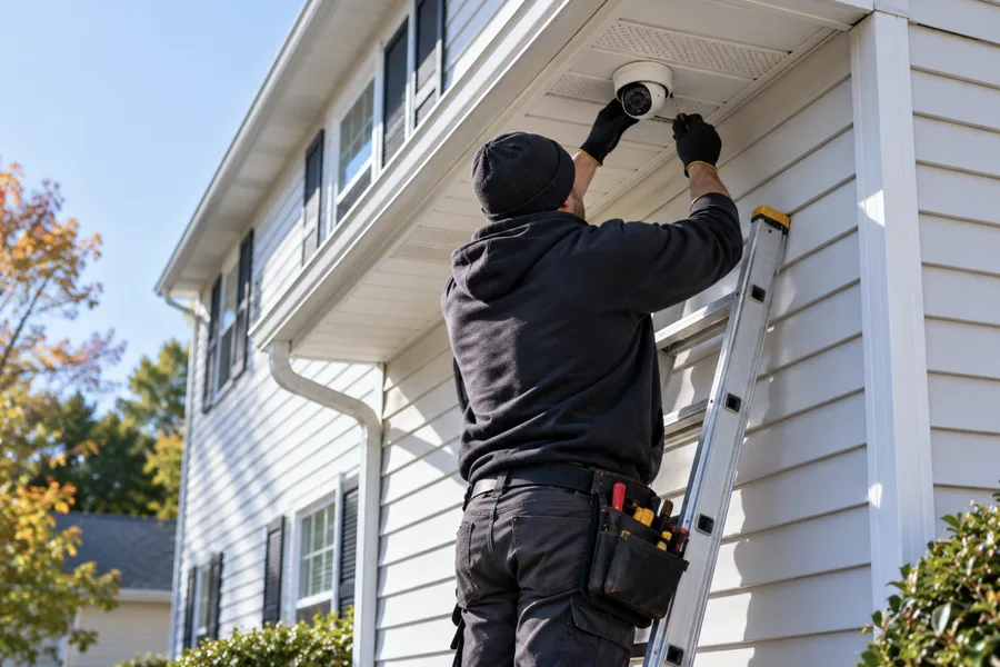 Technician on a ladder adjusting a camera under a house eave