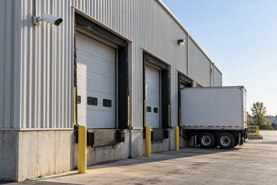 Bullet camera on a warehouse wall covering truck bays