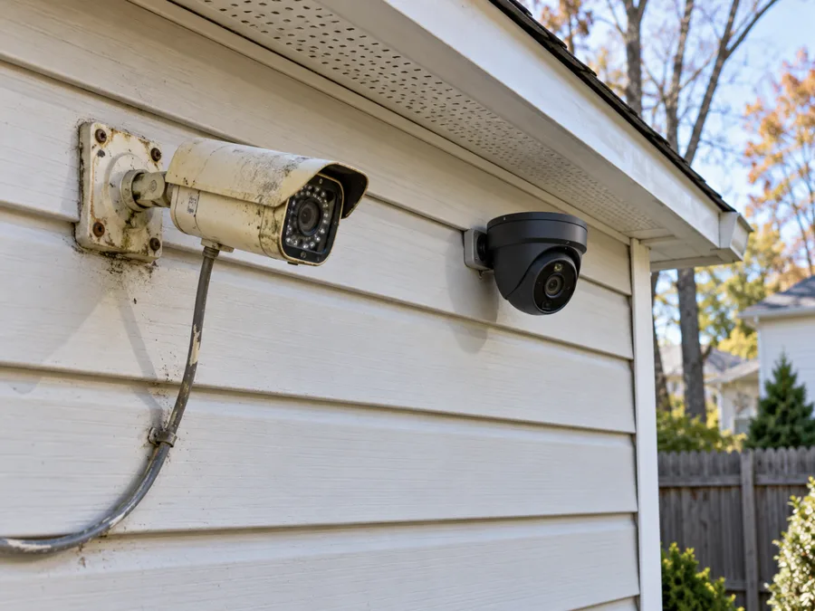 Faded old bullet camera next to a new turret camera on a garage wall
